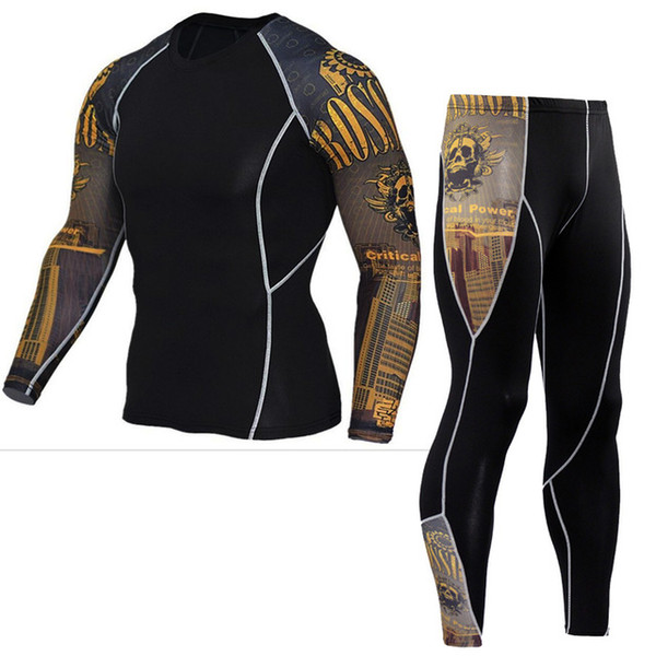 2019 Men's Skull print Sports Suit Tights Long sleeve Men Fitness T-shirt Quick drying Super strong elasticity PRO Suit