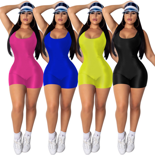 Women Bike Jersey Short Sleeveless Fitness Romper Yoga Bodysuits Solid Scoop Neck Backless Sports Playsuits Blue Black Yellow Rose Red