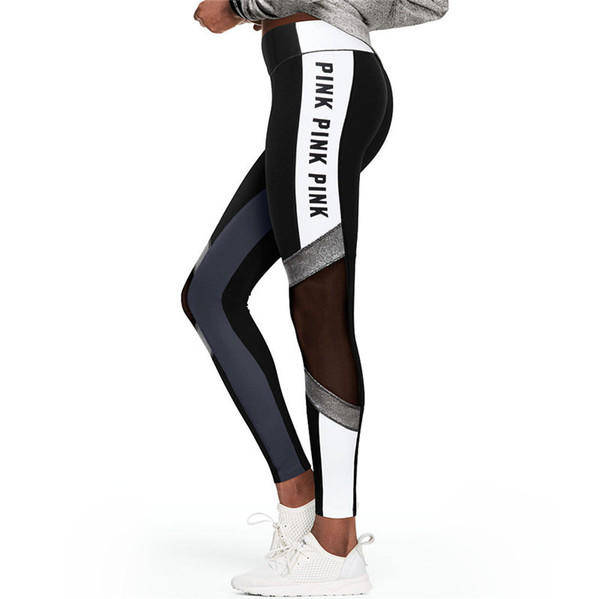 Hot summer women's new stitching sports yoga pants Mesh Patchwork Leggings Pink Letter Print Fitness Pants Female Sexy Perspective Skinny