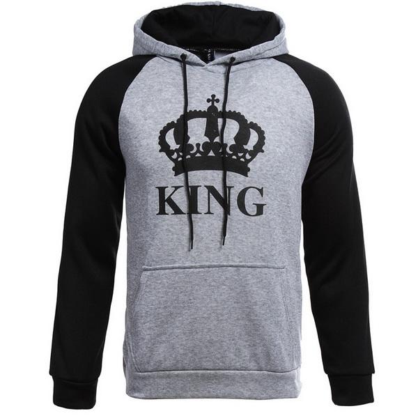 2019 KING Queen Crown Print Unisex Men Women Autumn Hoodies Slim Sweatshirt for Couple Lovers Winter Patchwork Hooded Pullovers