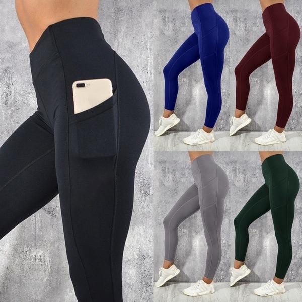 Women Leggings Slim Fit Yoga Running Pants Solid Color with Pocket Gym Fitness Leggings Workout Pants