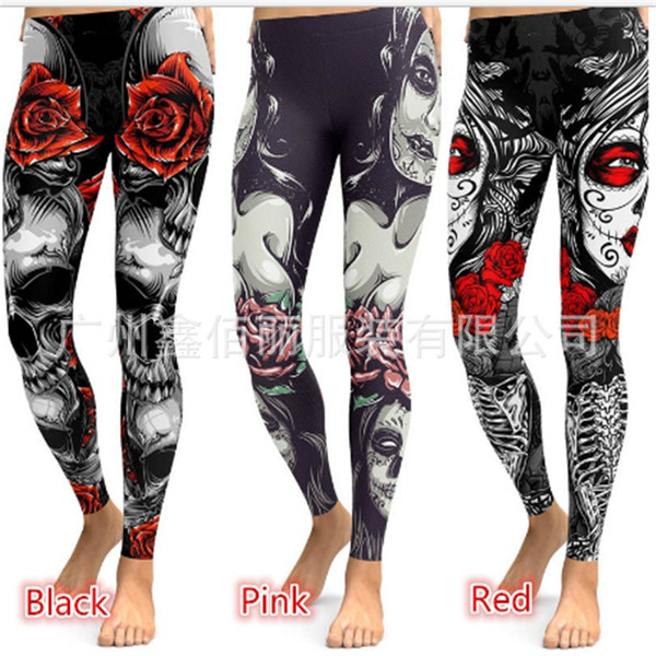 Red lip female rose skull digital positioning flower bottom gym pants