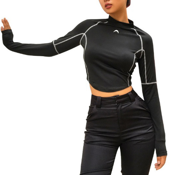 Graceful Long Sleeve Blouse Crop Top Slim fitness crop tops Sport Yoga Running Exercise gym Outdoor cropped tops upper clothing Black 30pcs