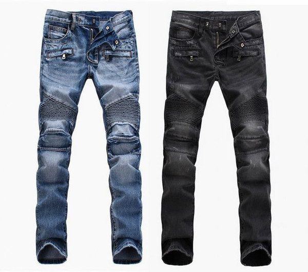 Fashion Men's foreign trade light blue black jeans pants motorcycle biker men washing to do the old fold men Trousers Casual Runway Denim