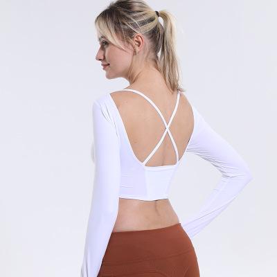 Women Workout Crop Top Back Hollow Long Sleeve T-Shirts Yoga Running Sports Fitness Tights Tees With chest pad