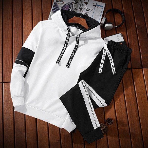 2019Casual suit male autumn personality handsome hooded sweater two-piece Korean version of the self-cultivation nine pants sports suit tide