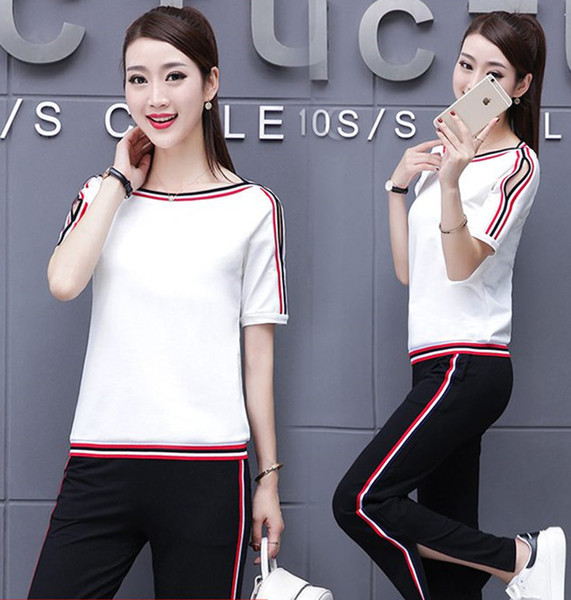 Sports Broad-legged Pants Suit Women Summer Two-piece Fashion Spring and Summer 2019 New Fashion Summer Suit Royal Sister Westernized Leisur