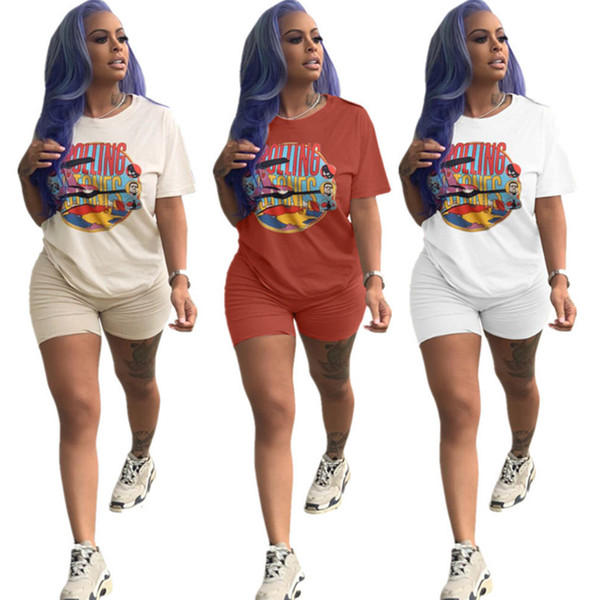 women summer tracktsuit 2 piece set summer clothing casual letter print short sleeve tee top skinny shorts running suit plus size s-3xl 46