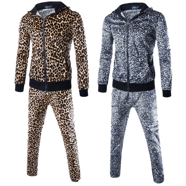 Leopard printed Mens Designer Exercise Fitness Tracksuits Pajama Set Sleepwear Thin Slim Fit Long Sleeve Hoodie and Jogger Pants Sets