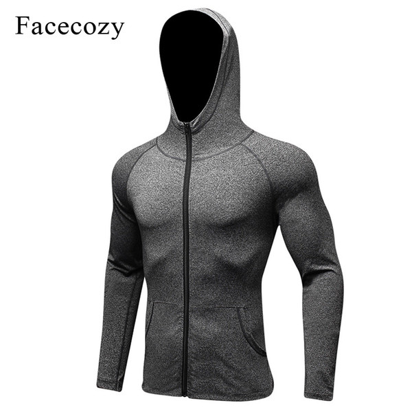 Facecozy Men New Training Jacket Hooded Running Fitness Tight Breathable Jackets Yoga Quick Dry Sport Wear Active Top