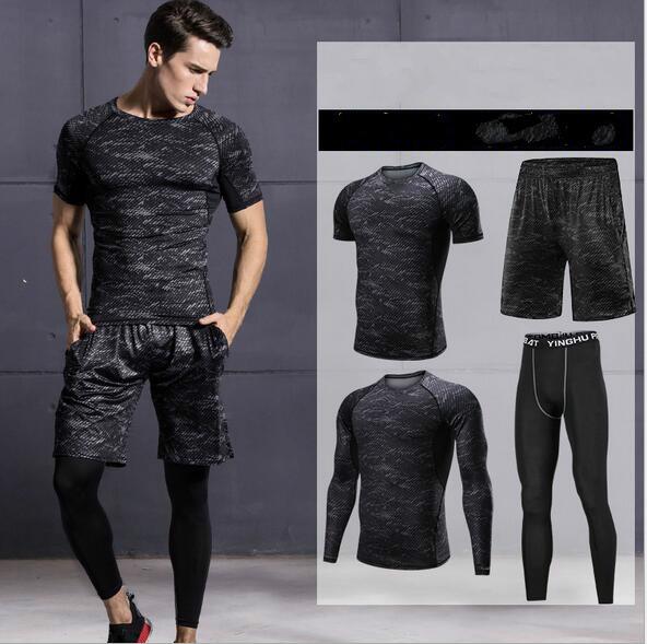 2018 fashion The New Sports tights men's fitness wear outdoor fitness sportswear short-sleeved stretch suit black 2 sets