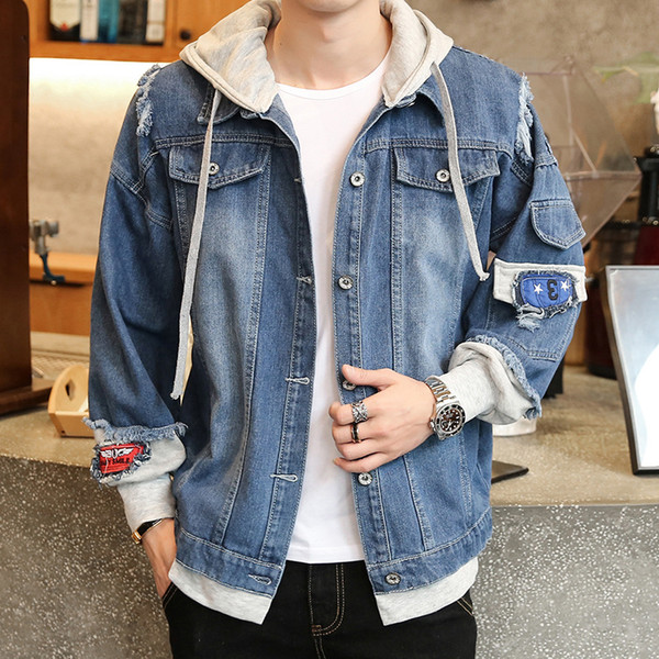 2020 Spring And Autumn Korean Version of Mens Casual Ripped Denim Hooded Jacket Mens Jacket Youth Mens Denim Clothing