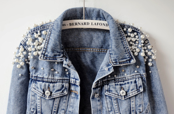 Sport Spring Autumn Women Basic Coats Women Denim Jacket Pearls Beading Fashion Jeans Coat Loose Long 898