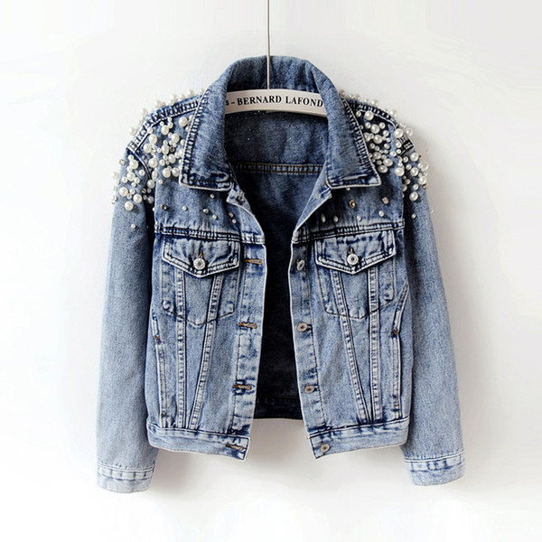 Sport Spring Autumn Women Basic Coats Women Denim Jacket Pearls Beading Fashion Jeans Coat Loose Long Sleeve Jackets 898