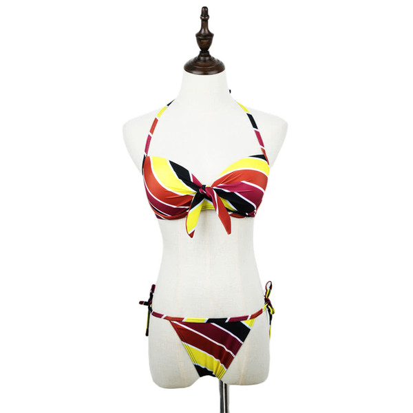 New Fashion Women Halter Bikini Set Contrast Stripe Underwire Padded Cup Tie Side Bottom Swimsuit Yellow GS048Y-M