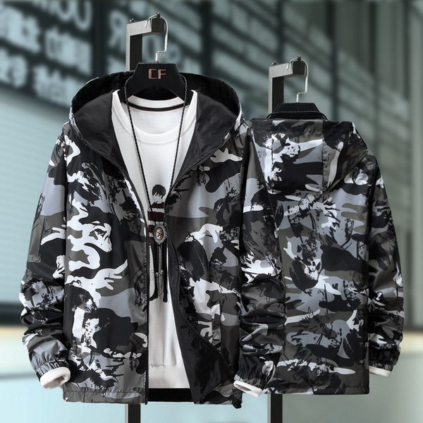 Dust Coats Big Yards Both Sides Wear Camouflage Hooded Jacket Fashion Men's Coat in Spring And Autumn Thin Coat European and American