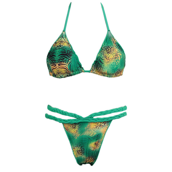 Beachwear New Sexy Women Leopard Bikini Set Halter Tie Padded Cup Double Braids Side Ruffle Swimsuit Swimwear Bathing Suit Green GS276GR-M