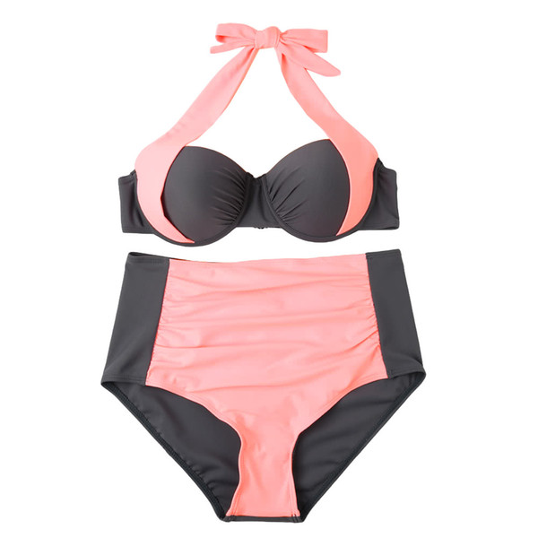 Beachwear Sexy Women Bikini Set Contrast Color Block Underwire Halter Top High Waist Bottom Beach Swimwear Swimsuit Bathing Suit GS191P-XL