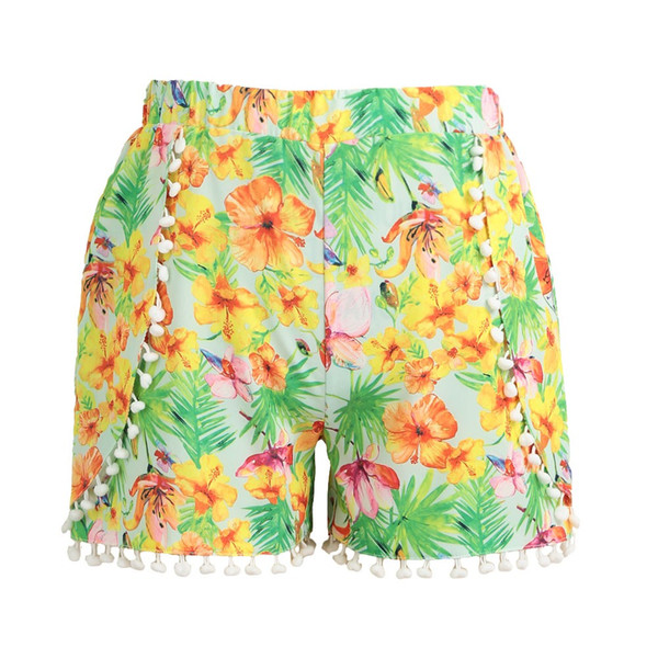 Beachwear Women Shorts Colorful Floral Print Elastic High Waist Pom Pom Wide Legs Slim Casual Beach Wear G9797BL-XL