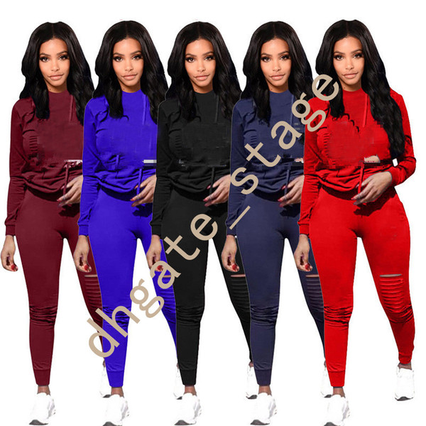 Champion Print Women Tracksuit Long Sleeve Hoodies Pullover Ripped Hole Pants Leggings Two Piece Outfits CHAMP Sportswear S-3XL A11134 new