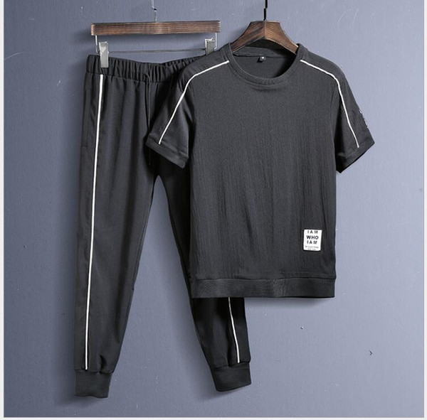 Men's round neck sports suit summer linen short-sleeved trousers casual morning running fitness male running