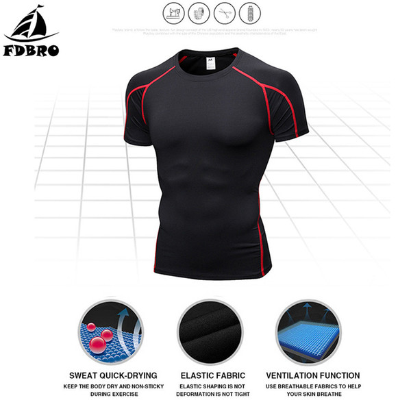 FDBRO Men Running Clothing Short Sleeve Quick Dry Clothes Top Fitness Tight Tennis Soccer Jersey Gym Sportswear