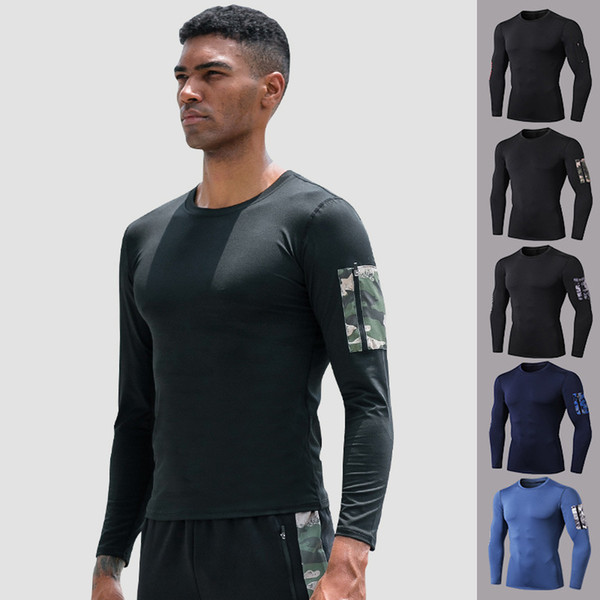 Men Fitness Running Shirts Sport T-shirt Long Sleeve Skinny Compression Shirts Quick Dry Camouflage Pocket Gym Sport Tops Sportswear