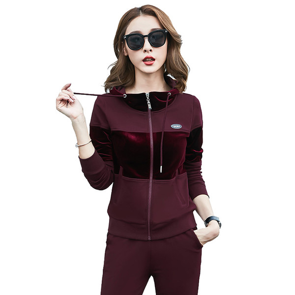 Women's 2 Piece Sport Suit Long Sleeve Jacket With Hood And Full Zipper Long Pants #15820 Blue Black Wine Red