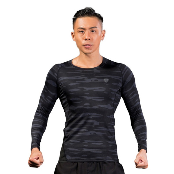 Camouflage Long Fitness Polyester Green Gray Quick-Drying Clothes Tight Long Sleeve T-shirt