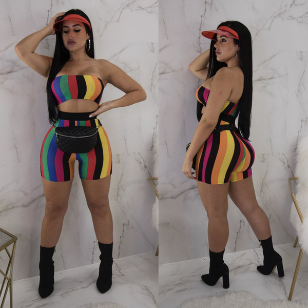 Women Crop Top and Shorts Set Rainbow Colorful Two Piece Outfits Sexy 2Pcs Sexy Female Tracksuit