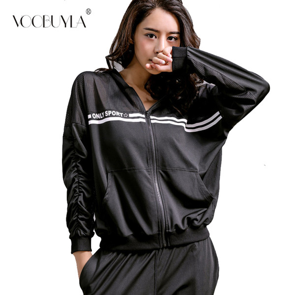 Voobuyla Women Running Jacket Polyester Long Sleeve Outdoor Training Fitness Yoga Sport Coats Anti-Pilling Mesh Patchwork Jacket