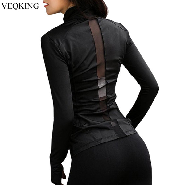 VEQKING New Mesh Splice Running Jacket Women Sport Jacket Women Long Sleeve Yoga Breathable Yoga Top Sport Shirt