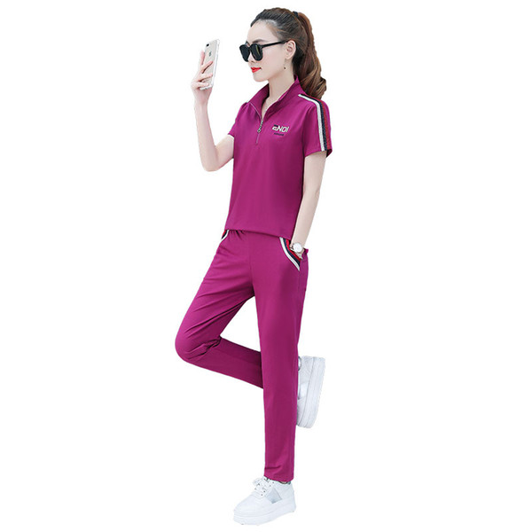 Casual Exercise Sport Suits Women 19-869 Short Sleeve Polo T Shirt 4XL Joggers Pants Summer Two Piece Work Out Clothes For Women Sports Suit