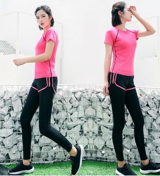 Summer Fitness Apparel Sports Suit Women's Slim, Fast and Dry Running Yoga Suit Short Sleeve Holiday Two Long Pants Two Suits