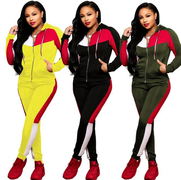 European and American women's casual hooded sports suit striped stitching long sleeve two-piece