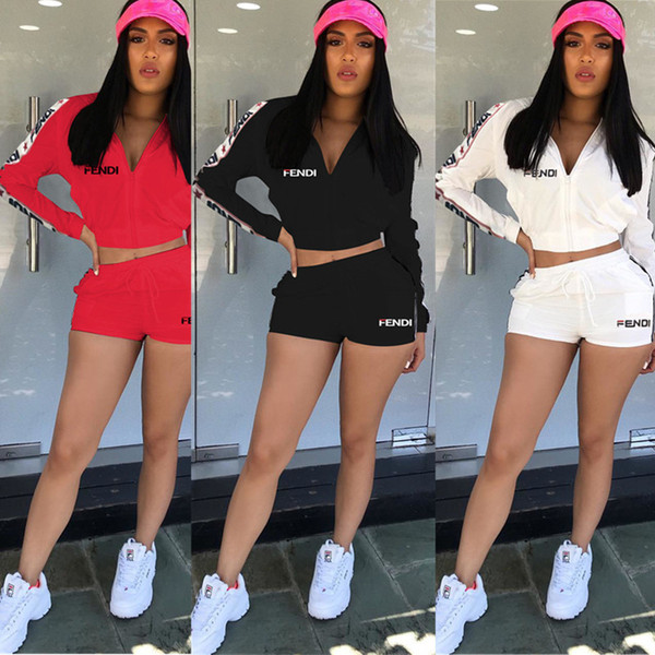 Trendy F Letter Striped Sportswear Long Sleeve Hooded Jacket Crop Top + Shorts 2 Piece Set Tracksuit Jogger Outfit Yoga Run Sportsuit C42411