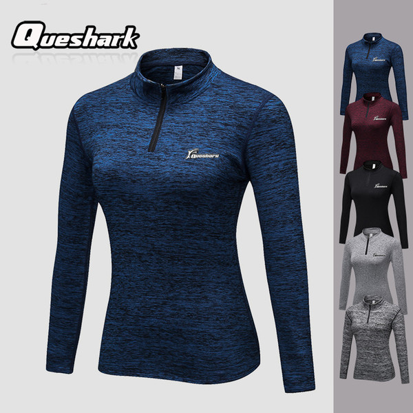 Queshark Professional Women Fleece Running Jacket Yoga Shirt Fitness Long Sleeve Training Elastic Tight Sweatshirt Sportswear