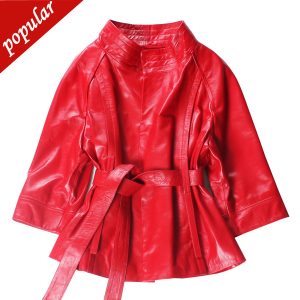 Spring Autumn Women Cloak Sheepskin Leather Lady Elegant Stand Collar Belt Short Genuine Leather Jackets Trench Coats