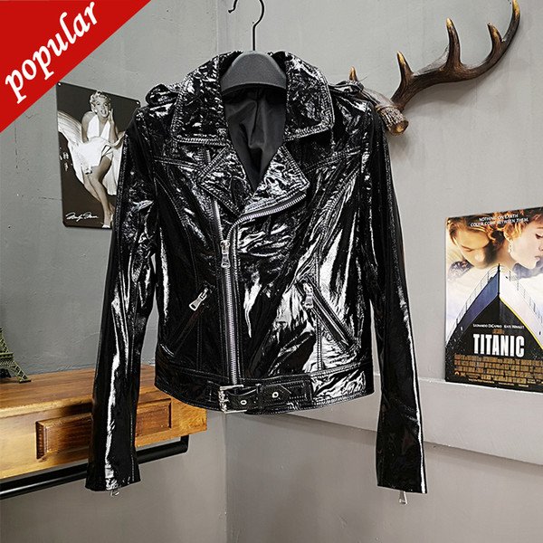 Spring Autumn Sheepskin Genuine Leather Jacket Women Ol Slim Patent Leather Zipper Coat Short Jackets M-3xl Black W1758