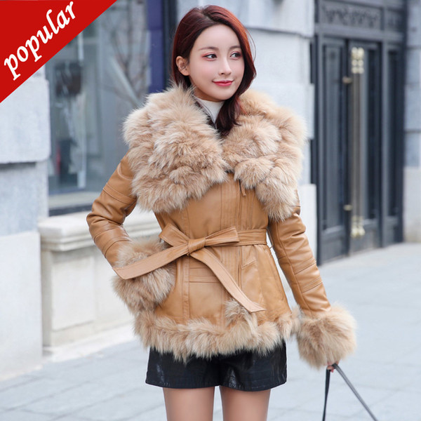 Luxury Real Fox Fur Collar Winter Women Real Sheepskin Leather Jackets Belt Short Slim Genuine Leather Coats