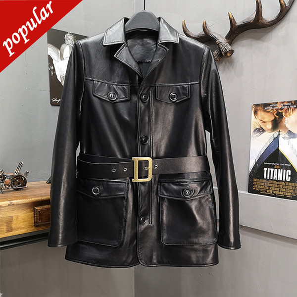 Sheepskin Genuine Leather Jacket Women Ol Slim Single Breasted Buttons Zipper Coat Letter Belt Pockets Long Jackets