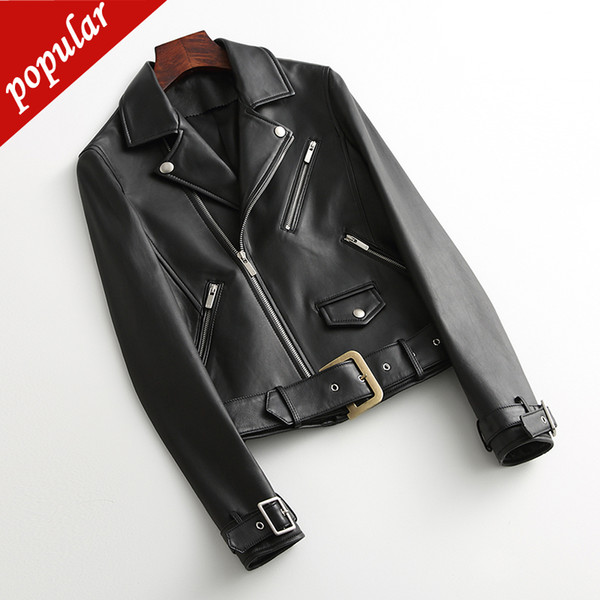 Spring Autumn Women Real Sheepskin Leather Black Jackets Letter Belt Moto Biker Genuine Leather Slim Coats Jacket