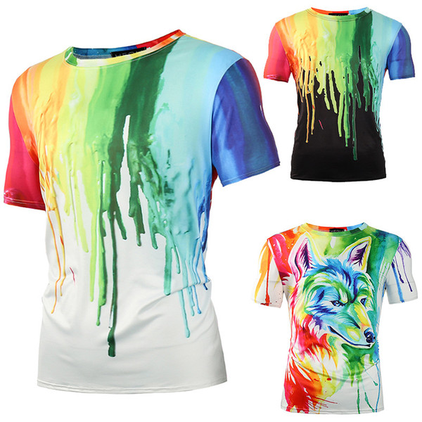 new arrival 2019 summer best price Colorful graffiti wolf head printing men's fashion style short sleeve t shirt tees