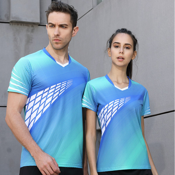 High quality 2018 Sky blue Running Sport Quick Dry breathable badminton shirt,Women/Men table tennis Team game Fitness T Shirts