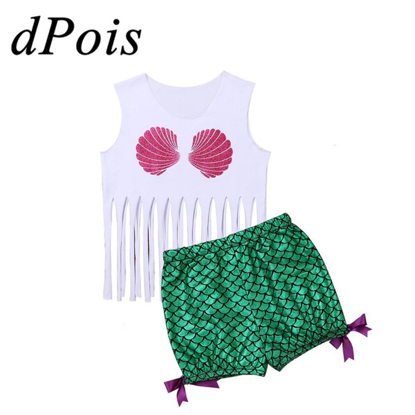 Infant Baby Girls Playwear Mermaid Sleeveless Glittery Shell Printed Fringe Tank Top Vest with Fish Scales Printed Shorts Set