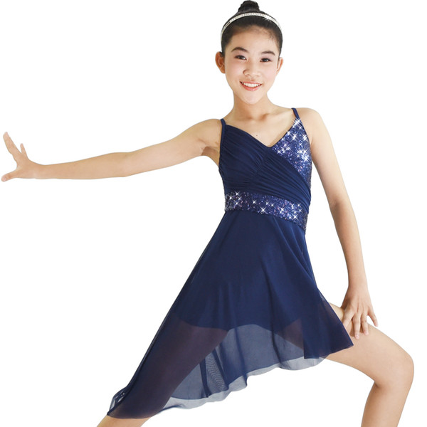 MiDee V-Neck Sequin Lyrical Dance Dress Ballroom Dancing Dress Gymnastics Skating Performance Costumes