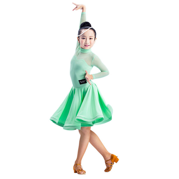 New Fashion long-Sleeve gauze Turtleneck Latin dance one-piece dresses for little girl/children, Tango ballroom costume G3006