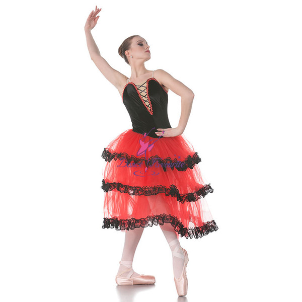 Dance Favourite Red Spanish Long Ballet Tutu Black Velvet Blace Top Bodice Ballet Costumes Dance Tutu, Ballerina Costumes