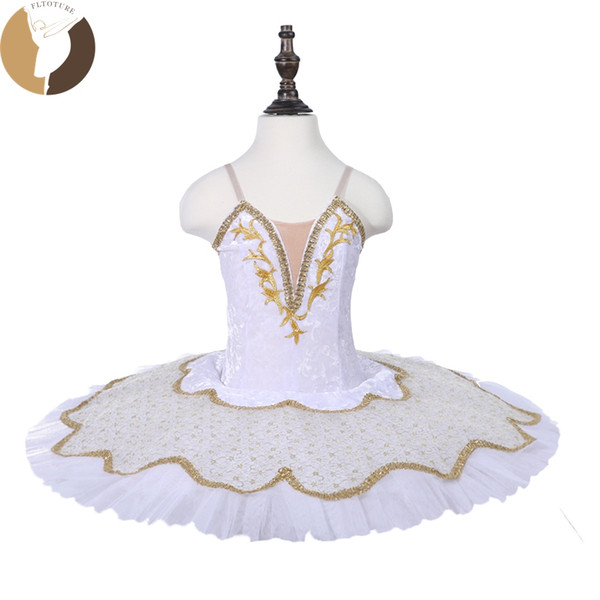 Fltoture CT18014 Simple Ballet Tutu Kid Dancewear For Ballet Competition White Tutu With Gold Decorations White Snow Costumes