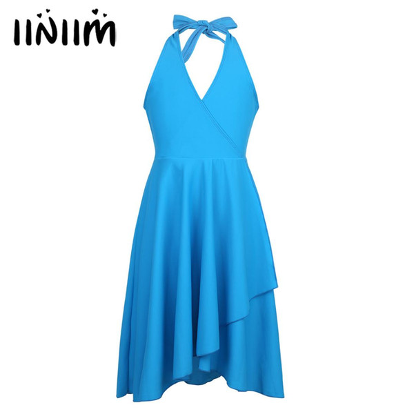 iiniim Kids Girls Professional Dancing Dress Halter Cutout Back Dress Bailarina Lyrical Gymnastics Leotard Dance Tutu Dresses